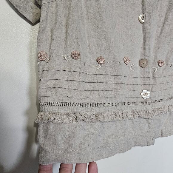 Vtg Fashion Bug Floral Linen Button Up Top Size 16 Embroidered Beige Boho Beach - Picture 2 of 9